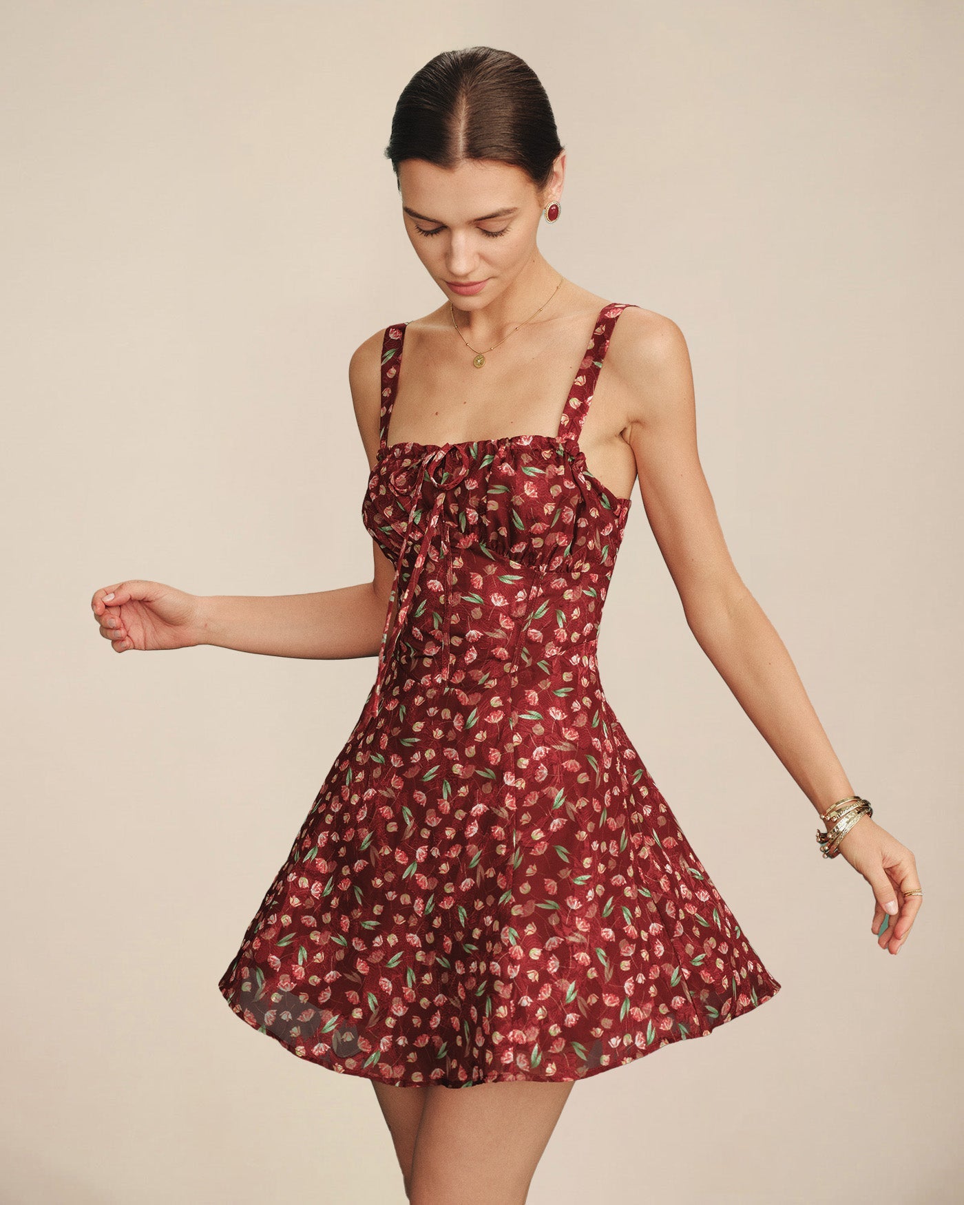 Kırmızı Bağlamalı Çiçek Desenli Slip Mini Elbise