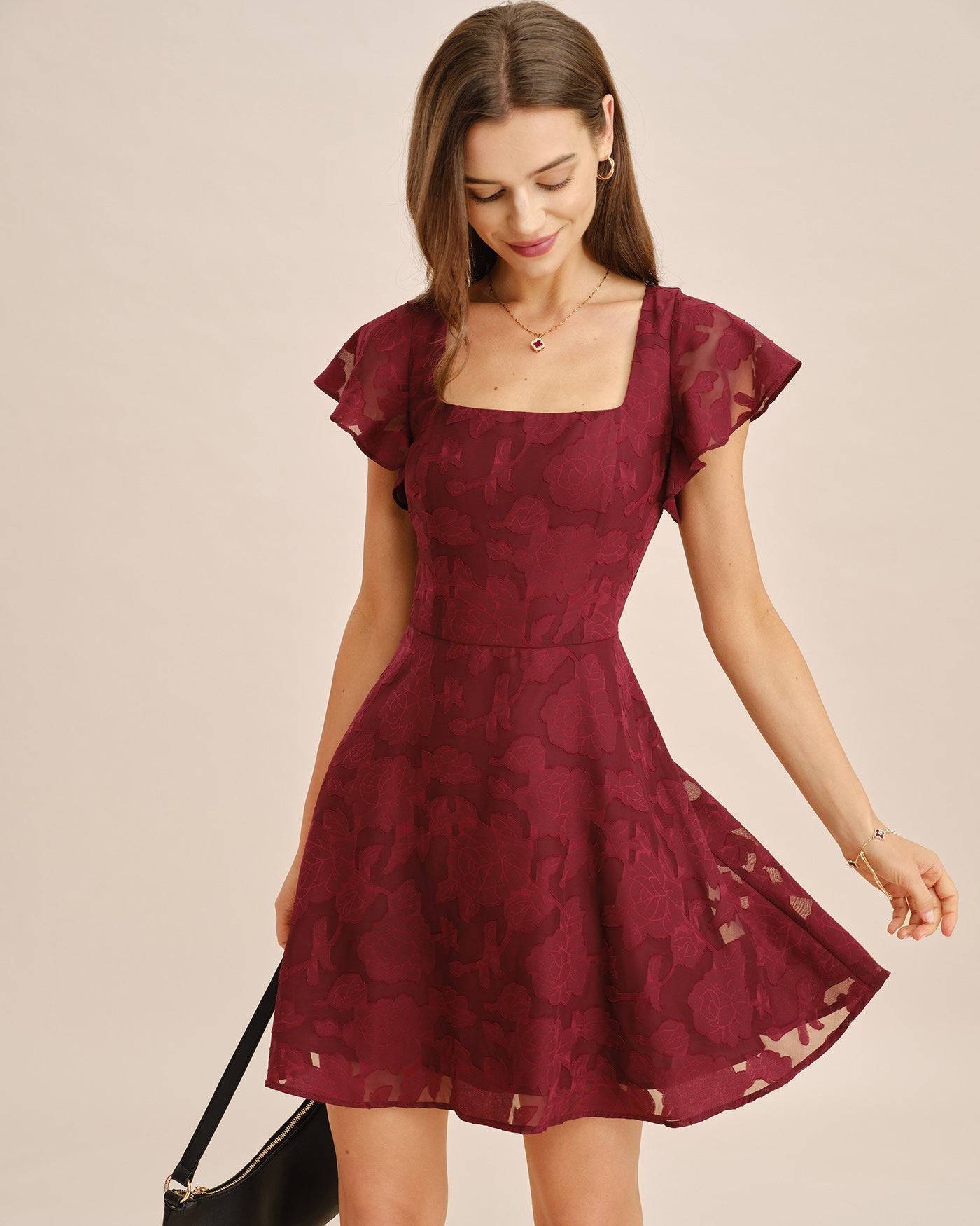 Bordo Kare Yaka Jakarlı Mini Elbise