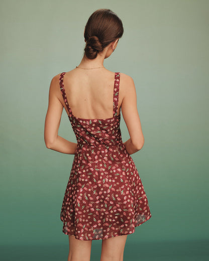Kırmızı Bağlamalı Çiçek Desenli Slip Mini Elbise