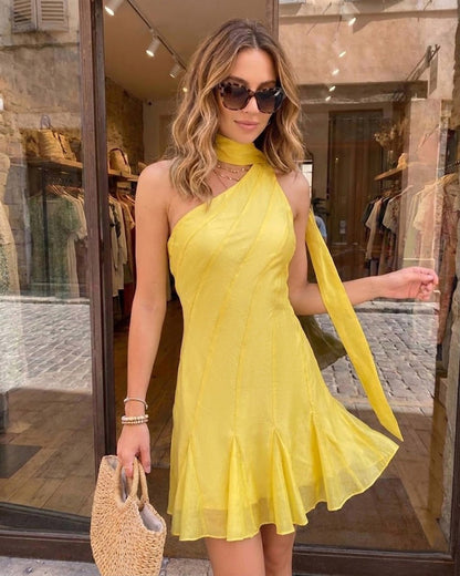 Sarı One Shoulder Mini Elbise