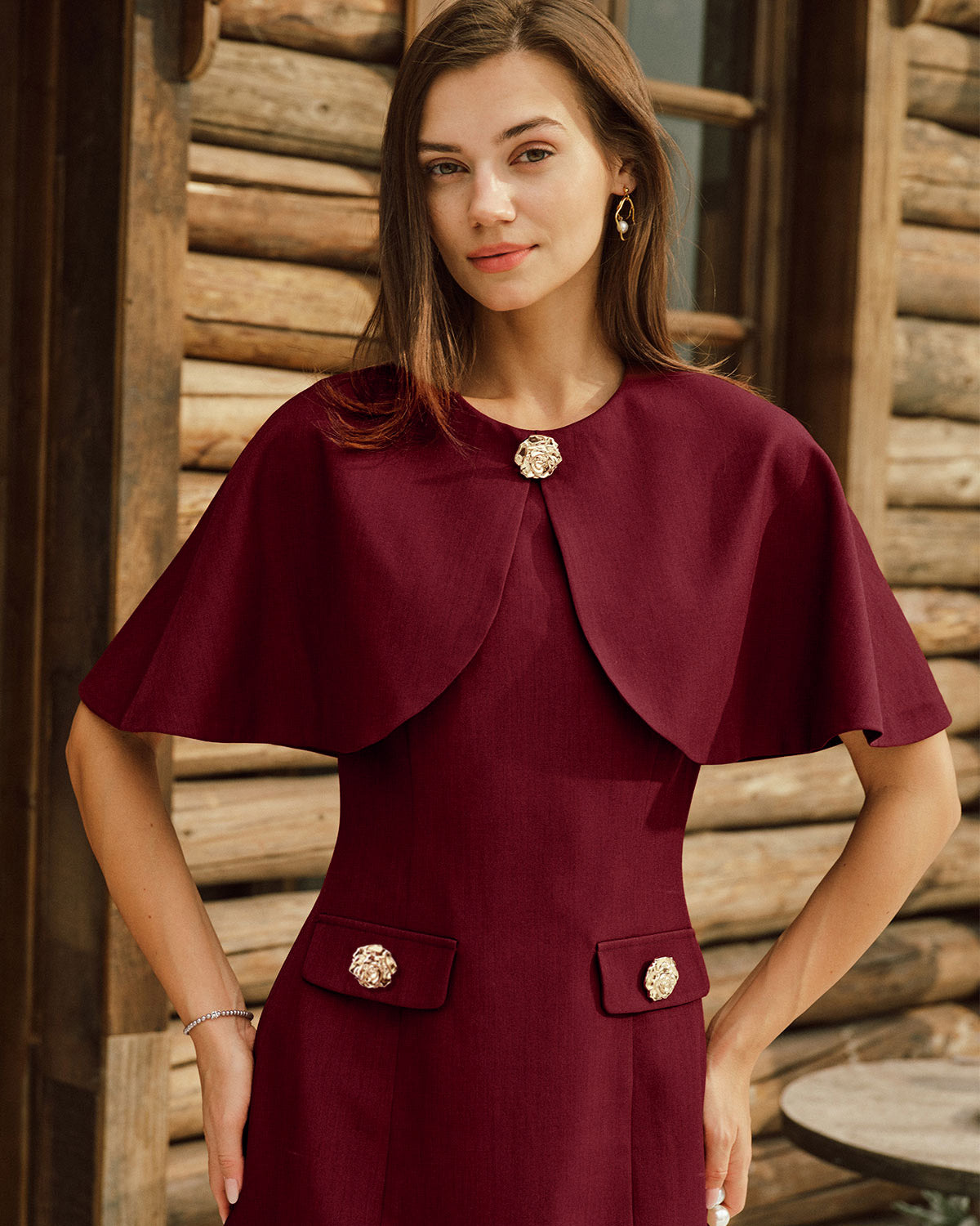 Bordo Pelerin Kol Cep Detaylı Mini Elbise