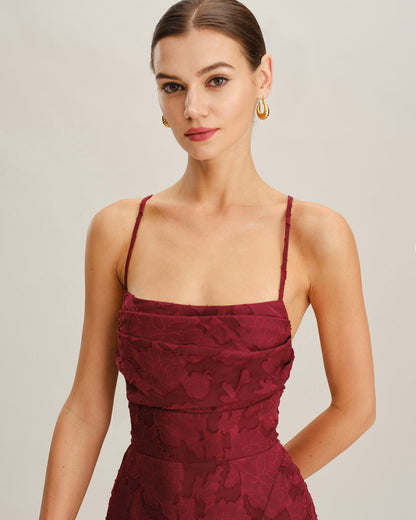 Bordo Çiçek Desenli Sırtı Açık Slip Mini Elbise
