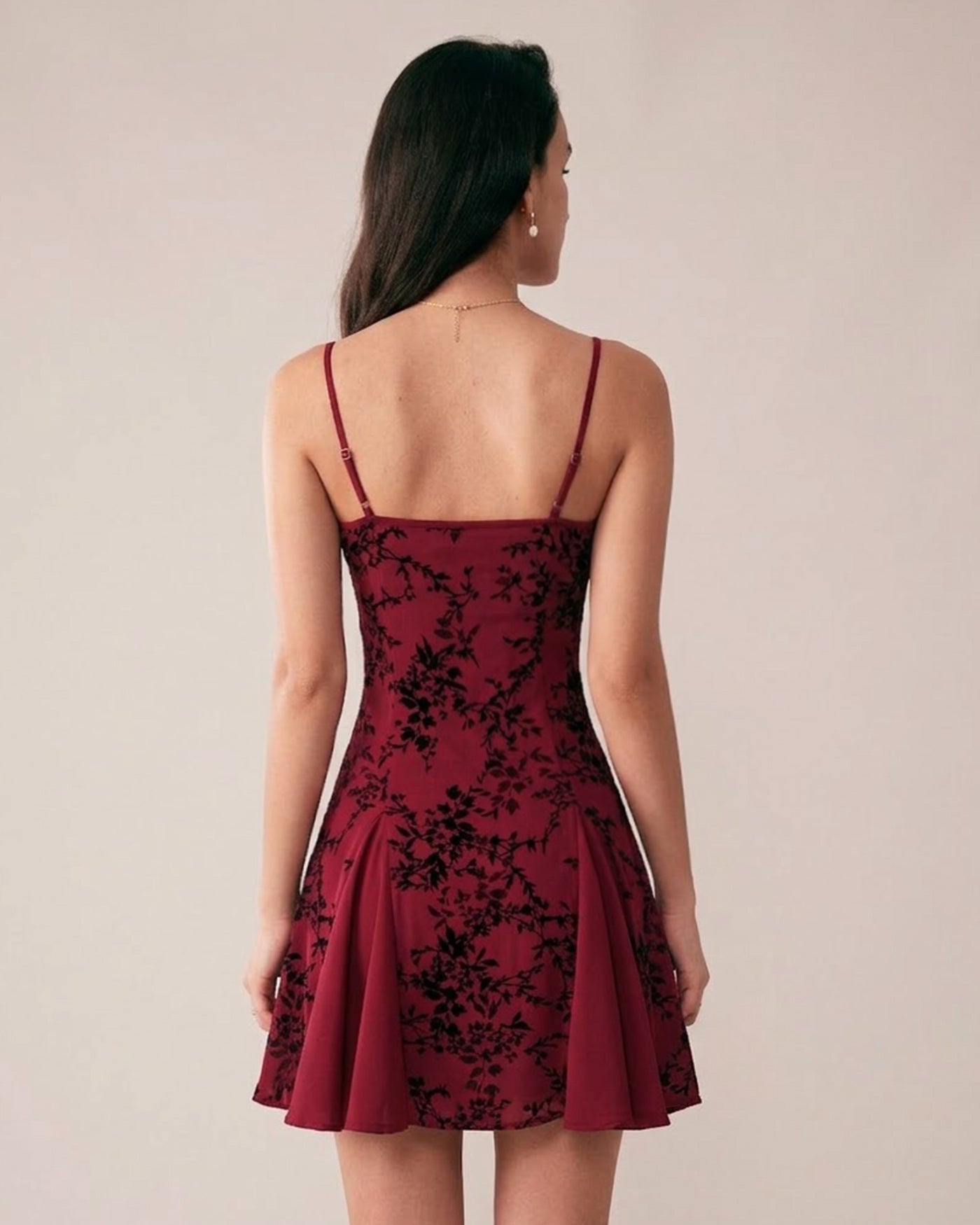 Bordo Çiçek Desenli Mini Elbise