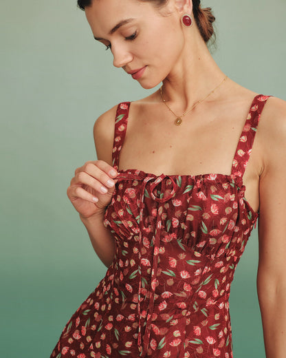 Kırmızı Bağlamalı Çiçek Desenli Slip Mini Elbise