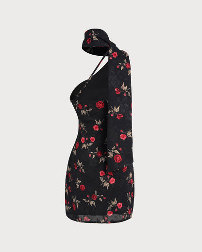 Siyah Jakarlı One Shoulder Mini Elbise