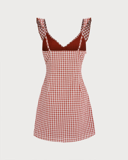 Kırmızı V Yaka Ekoseli Slip Mini Elbise