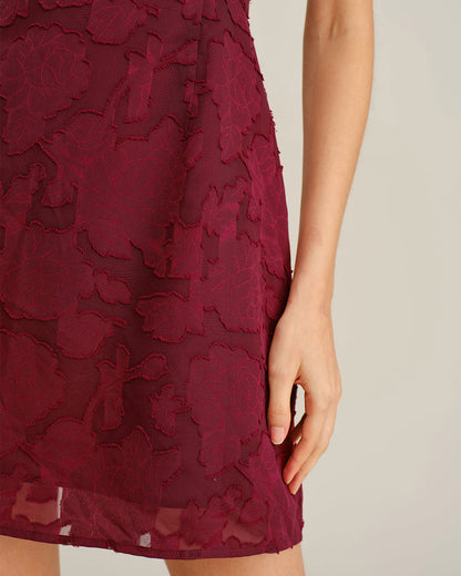 Bordo Çiçek Desenli Bağlamalı Askılı Mini Elbise