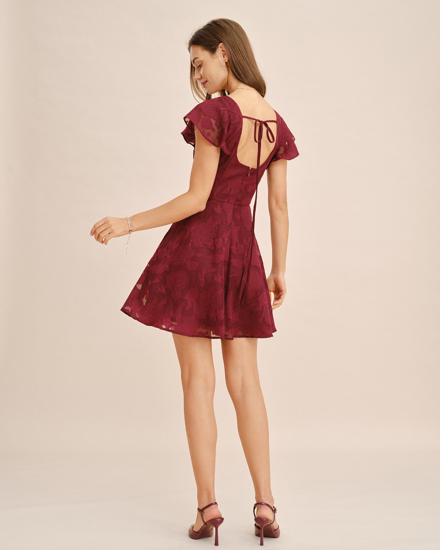 Bordo Kare Yaka Jakarlı Mini Elbise