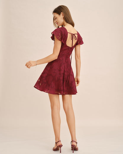 Bordo Kare Yaka Jakarlı Mini Elbise