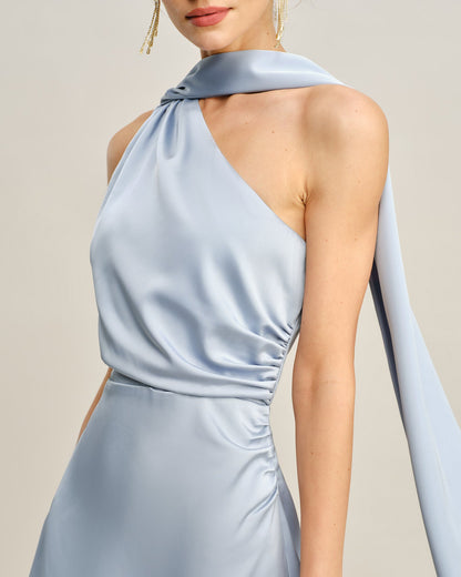 Mavi One Shoulder Saten Mini Elbise