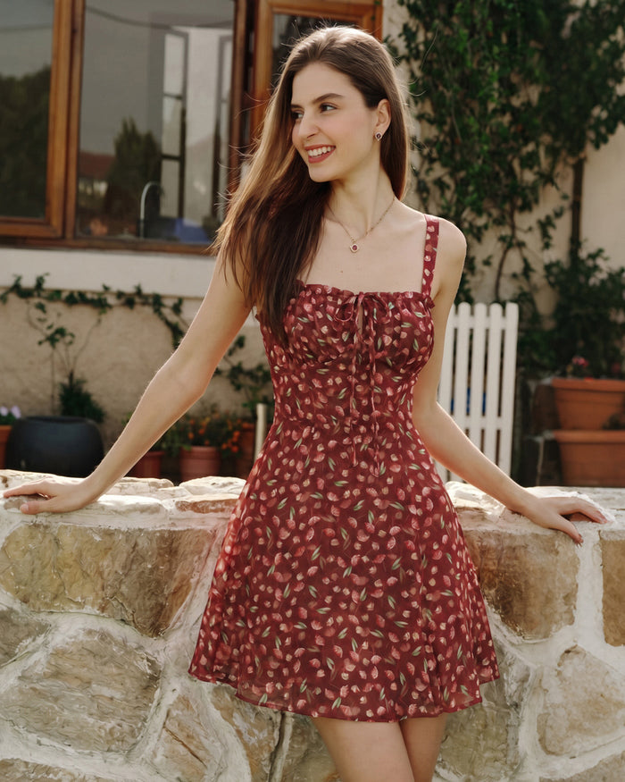 Kırmızı Bağlamalı Çiçek Desenli Slip Mini Elbise