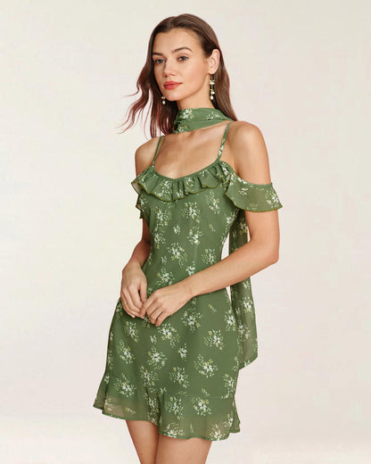 Yeşil Çiçek Desenli Şifon Slip Mini Elbise