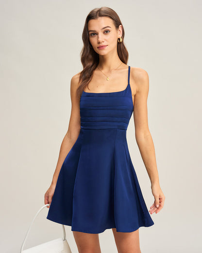 Lacivert Saten Pileli Slip Mini Elbise