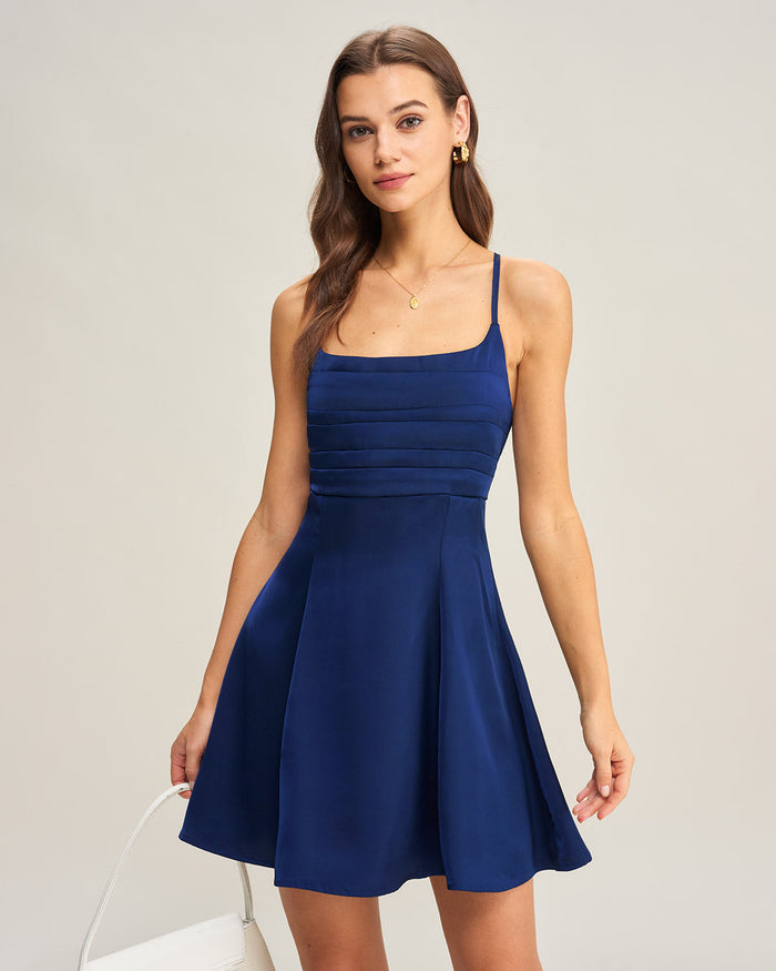 Lacivert Saten Pileli Slip Mini Elbise