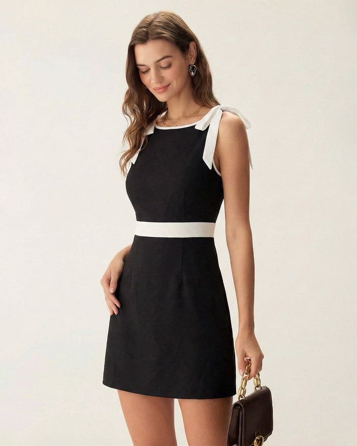 Siyah Kontrast Bowknot Mini Elbise