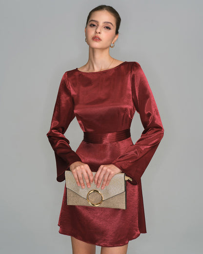 Bordo Saten Volan Kol Mini Elbise