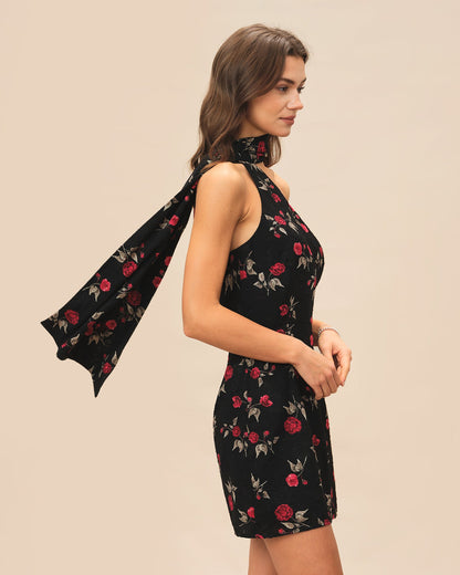 Siyah Jakarlı One Shoulder Mini Elbise