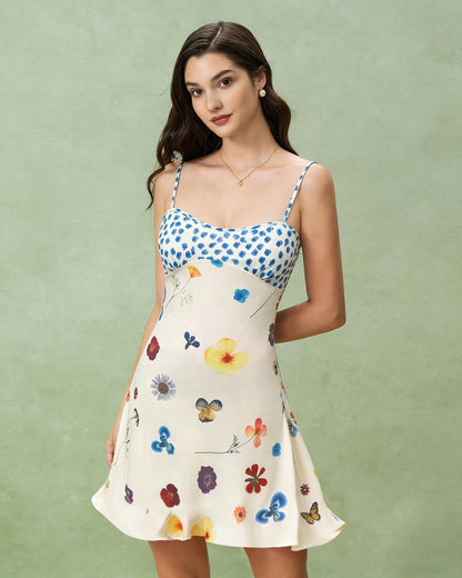 Kayısı Çiçek Desenli A Kesim Slip Mini Elbise