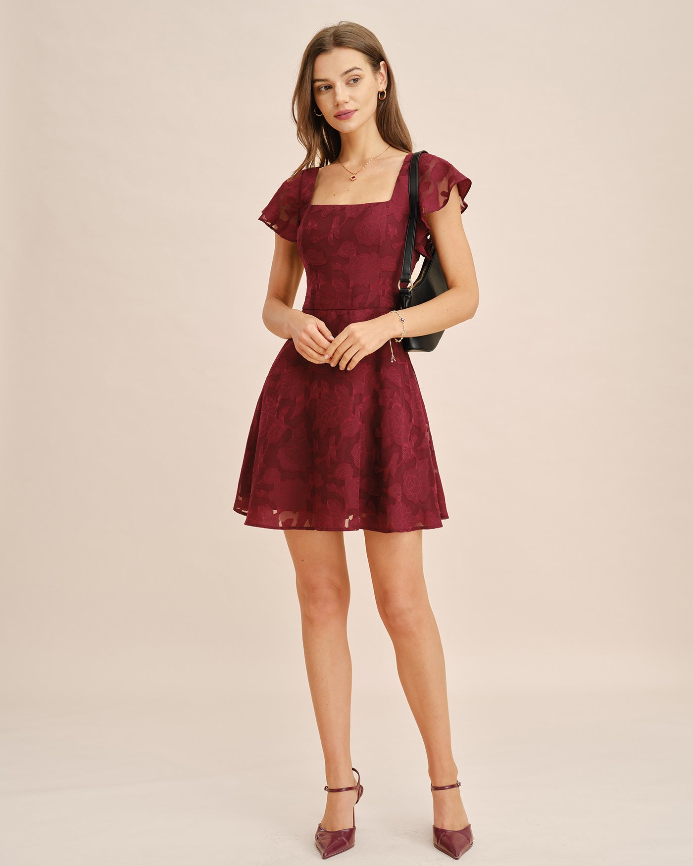 Bordo Kare Yaka Jakarlı Mini Elbise
