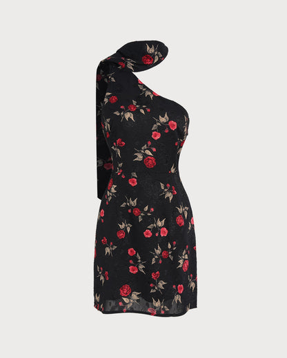 Siyah Jakarlı One Shoulder Mini Elbise