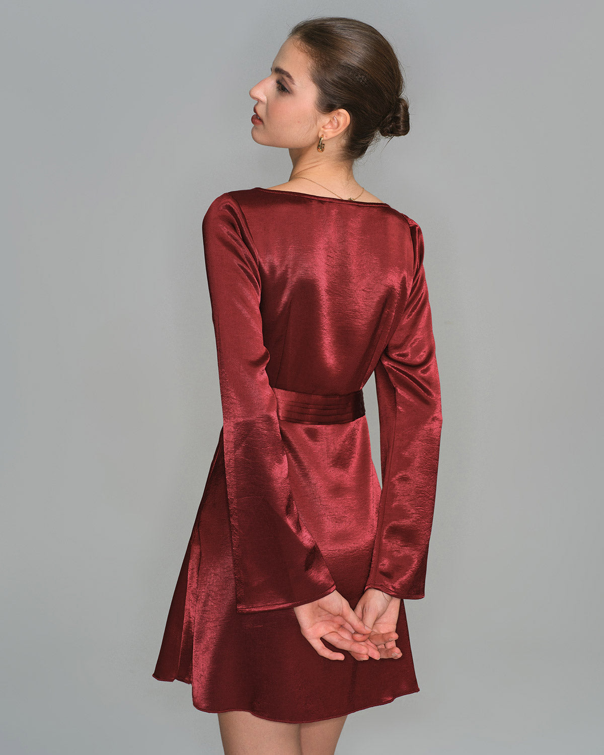 Bordo Saten Volan Kol Mini Elbise