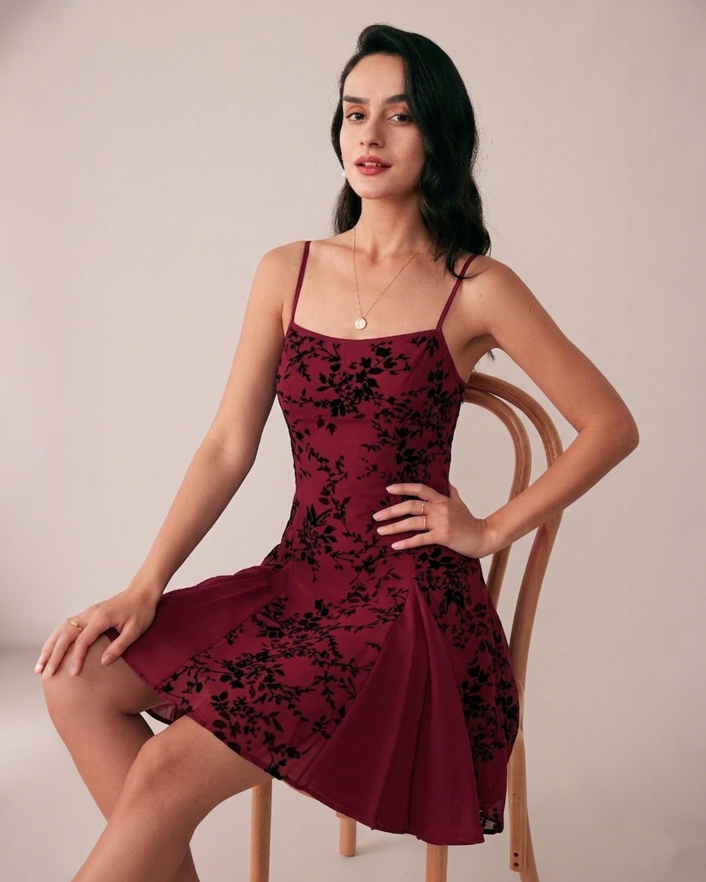 Bordo Çiçek Desenli Mini Elbise