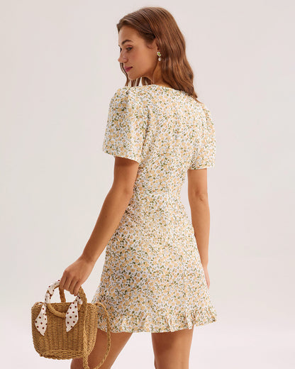 Sarı Çiçek Desenli V-Neck Mini Elbise