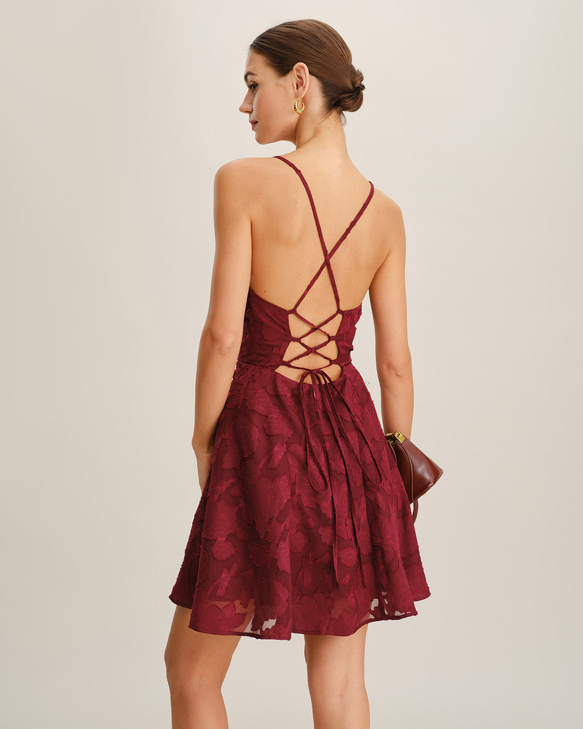 Bordo Çiçek Desenli Sırtı Açık Slip Mini Elbise