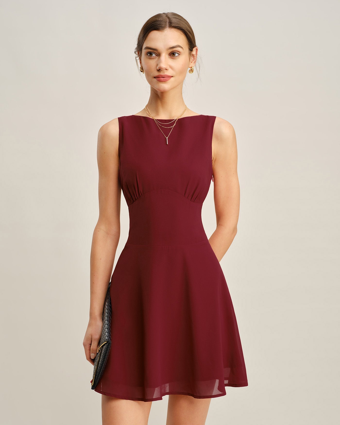 Bordo Kayık Yaka Pileli Mini Elbise