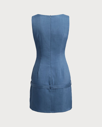 Mavi Kayık Yaka Belted Mini Elbise
