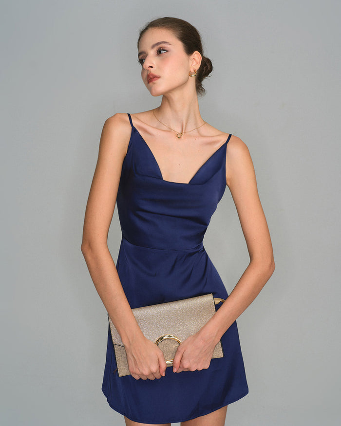 Lacivert Saten Degaje Yaka Slip Mini Elbise