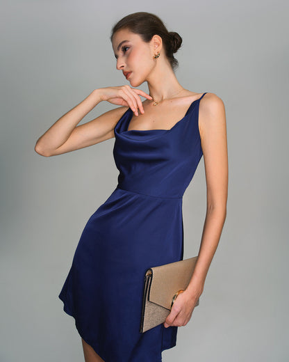 Lacivert Saten Degaje Yaka Slip Mini Elbise