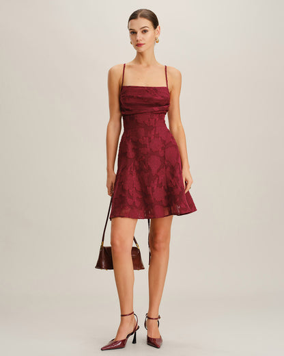 Bordo Çiçek Desenli Sırtı Açık Slip Mini Elbise