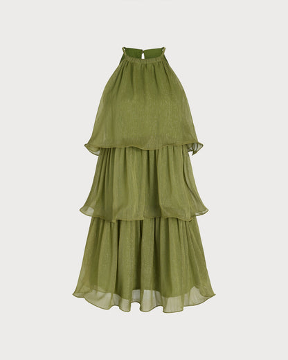 Yeşil Yuvarlak Yaka Flowy Mini Elbise