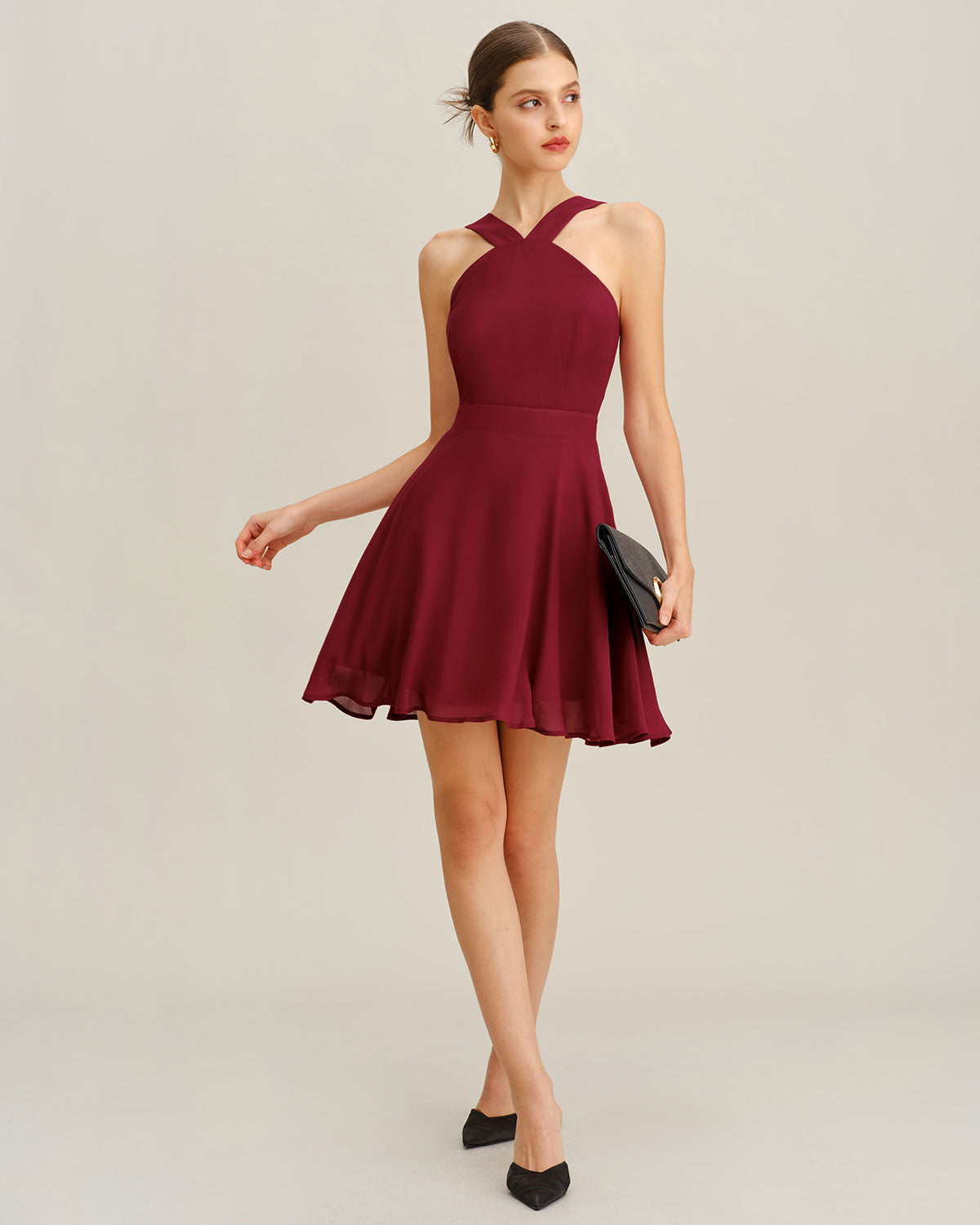 Bordo Şifon A Kesim Kolsuz Mini Elbise