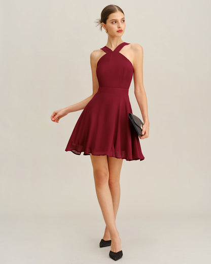 Bordo Şifon A Kesim Kolsuz Mini Elbise