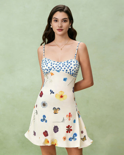 Kayısı Çiçek Desenli A Kesim Slip Mini Elbise