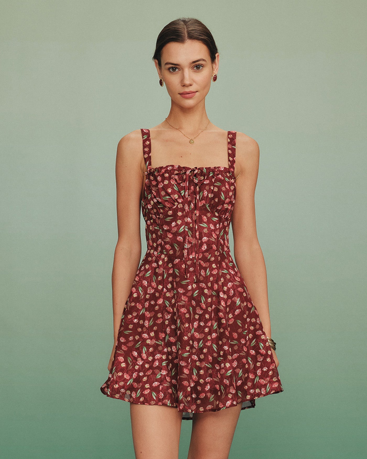Kırmızı Bağlamalı Çiçek Desenli Slip Mini Elbise