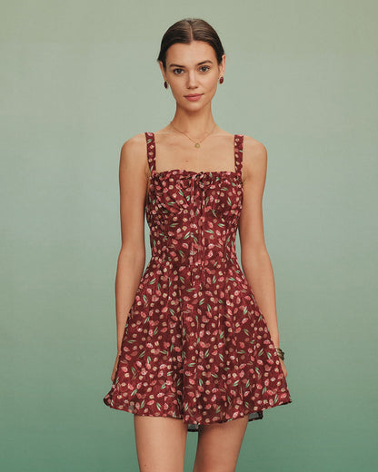 Kırmızı Bağlamalı Çiçek Desenli Slip Mini Elbise