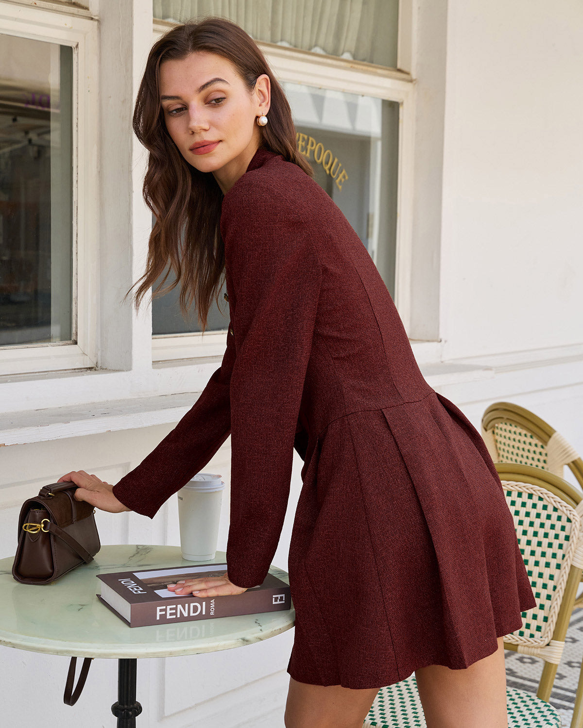 Bordo Pileli Düğmeli Mini Elbise