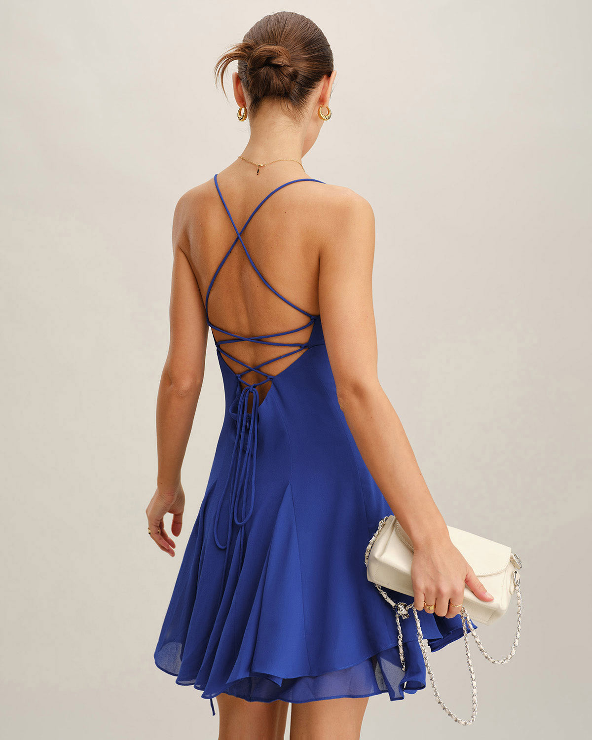 Mavi Şifon Sırtı Açık Slip Mini Elbise