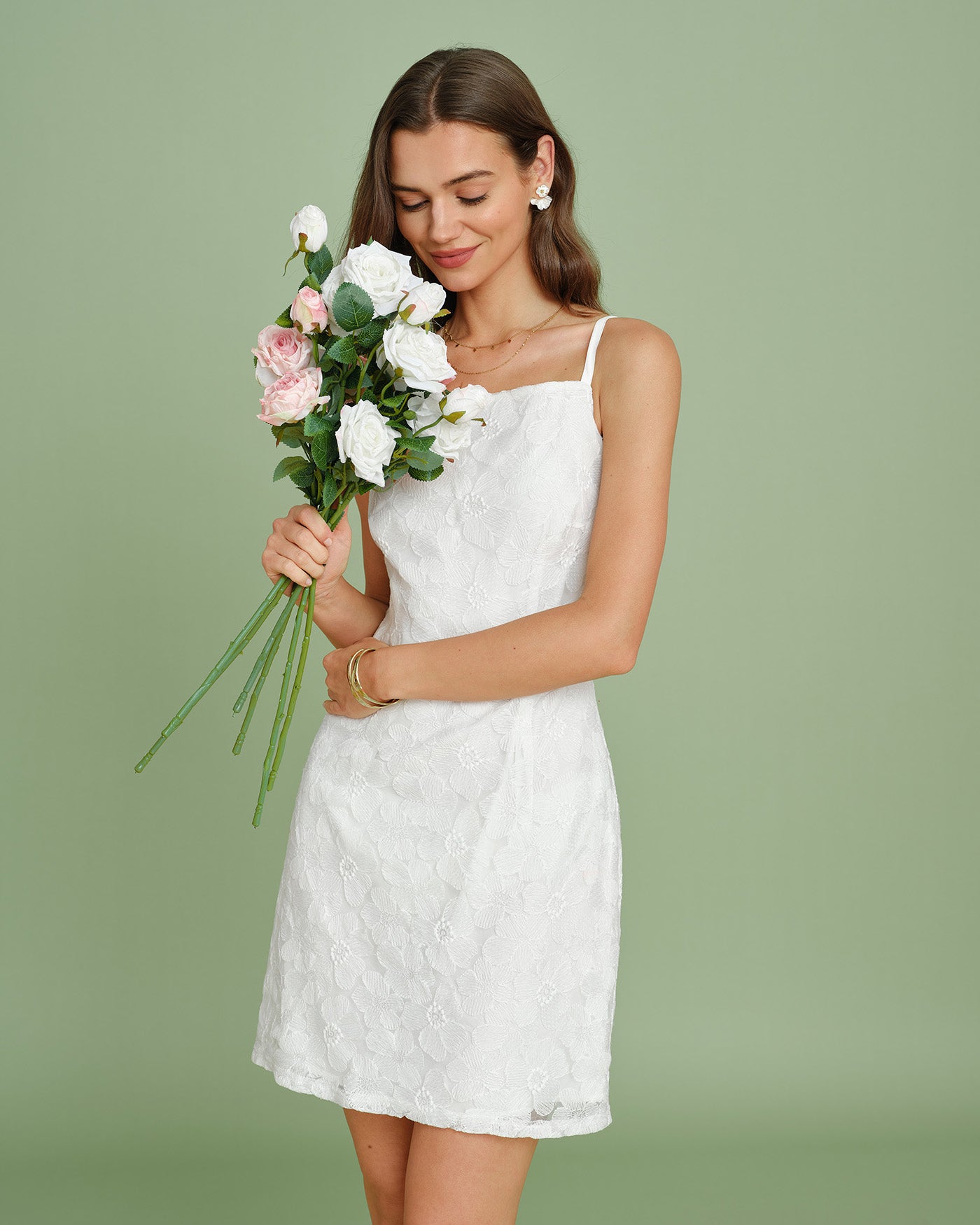 Beyaz Dokulu Slip Mini Elbise