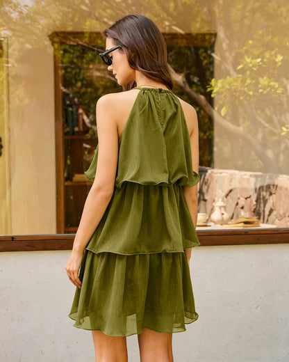 Yeşil Yuvarlak Yaka Flowy Mini Elbise