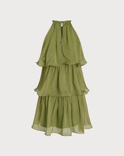 Yeşil Yuvarlak Yaka Flowy Mini Elbise