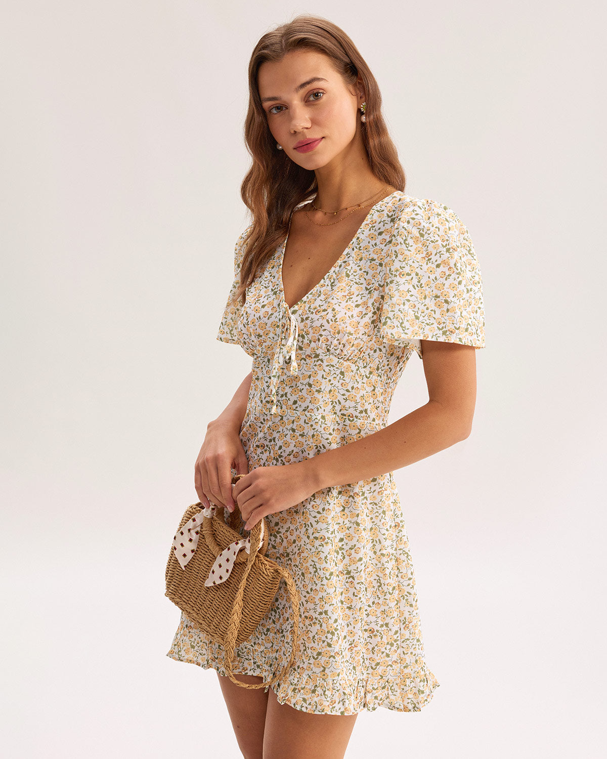 Sarı Çiçek Desenli V-Neck Mini Elbise