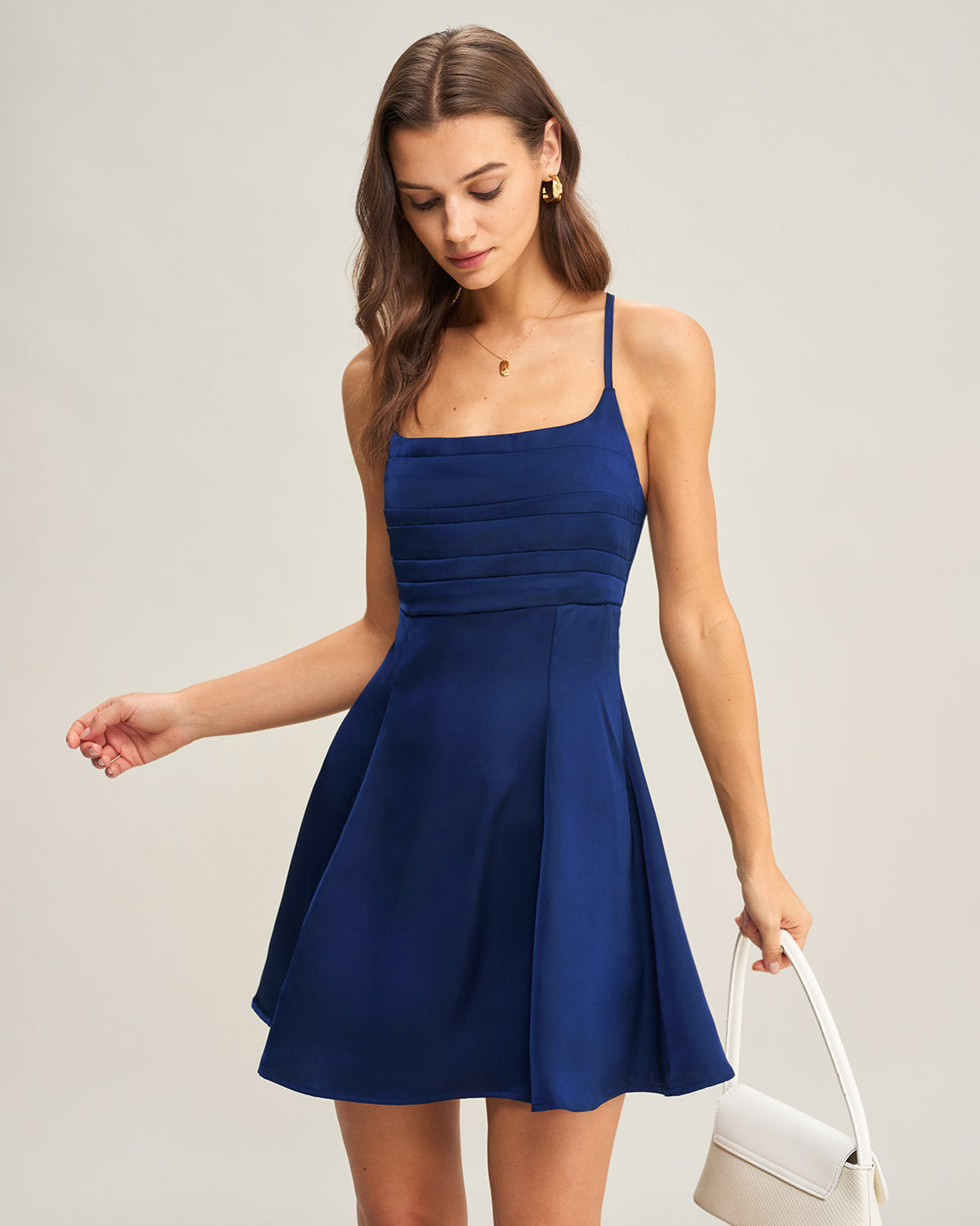Lacivert Saten Pileli Slip Mini Elbise
