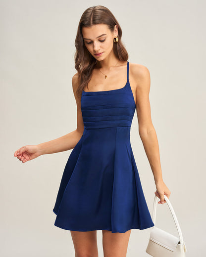 Lacivert Saten Pileli Slip Mini Elbise