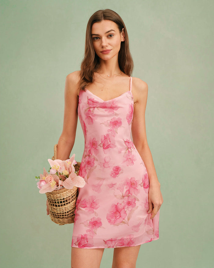 Pembe Degaje Yaka Çiçek Desenli Slip Mini Elbise