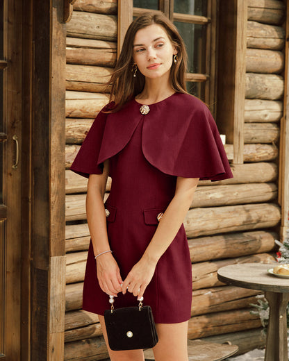 Bordo Pelerin Kol Cep Detaylı Mini Elbise