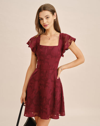 Bordo Kare Yaka Jakarlı Mini Elbise